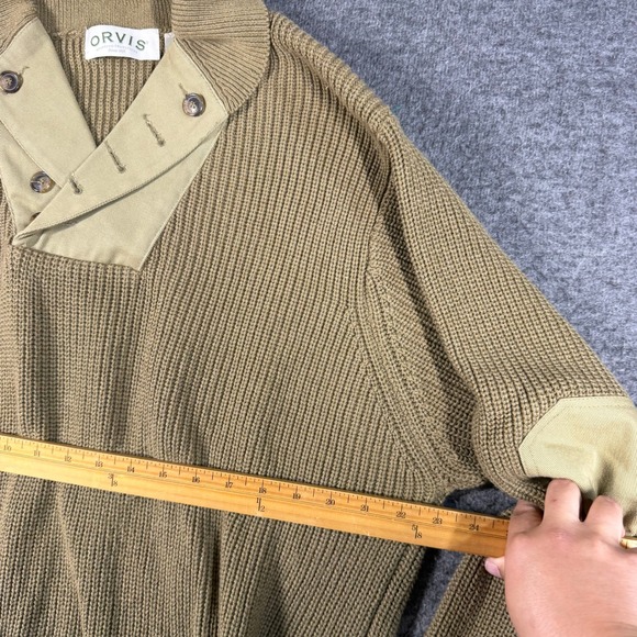 Orvis Mens L Tan Khaki Cotton Tactical Shawl Collar Sweater Elbow Patches - Picture 5 of 9